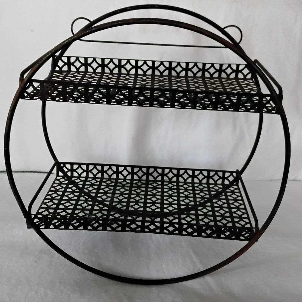 Vtg Black Metal Circular Wall Shelf - Decorative Two-Tier Organizer